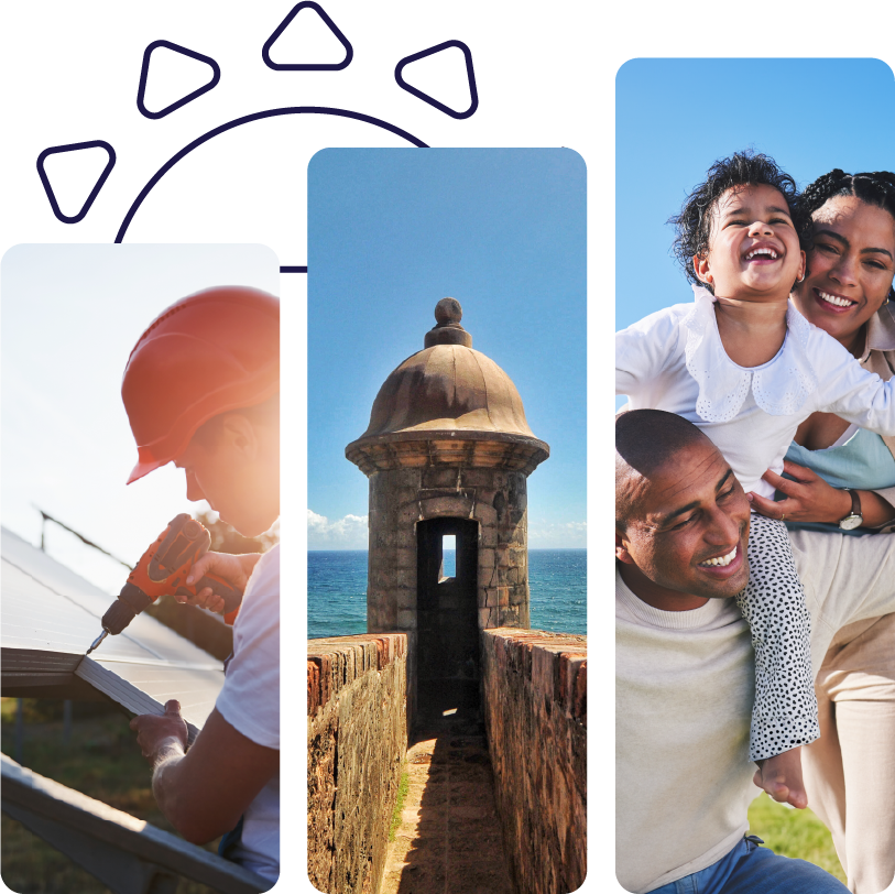 Instalador solar, garita del Viejo San Juan y familia puertorriqueña.